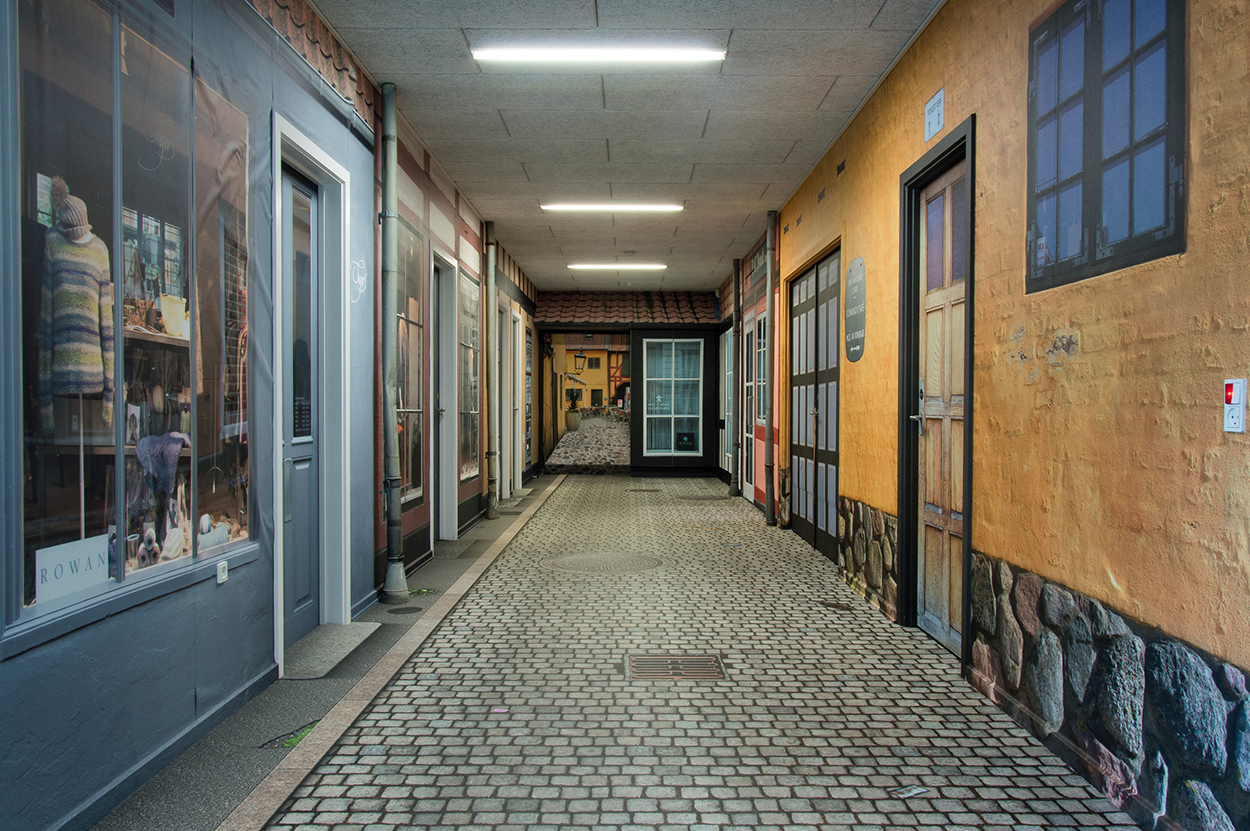 office hallway with printed decoration on walls and floor