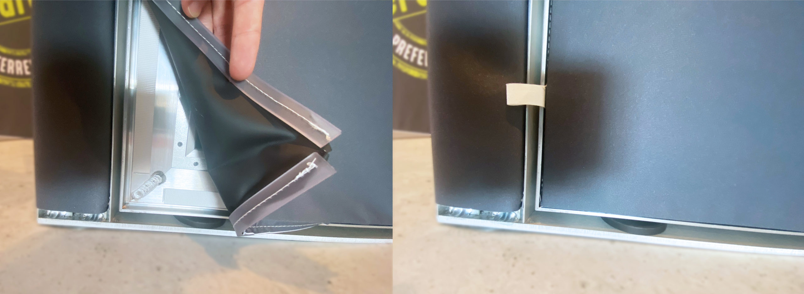 FrameTex Black banner installed in a aluminum tension frame system